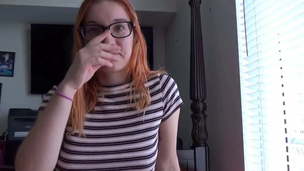 a youthfull red-haired girl takes a dick in her hairy pussy